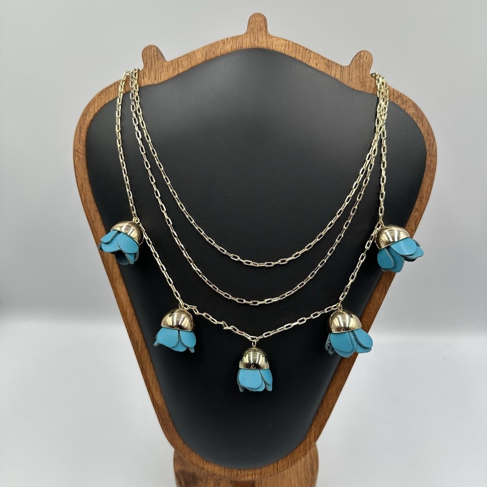 BaubleBar Triple Layer Gold Tone Turquoise Leather Tulip Flower Charm Necklace N